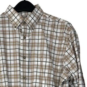 Cabelas Plaid Button Down Mens LT Large TALL Cotton Long Sleeve White Brown‎